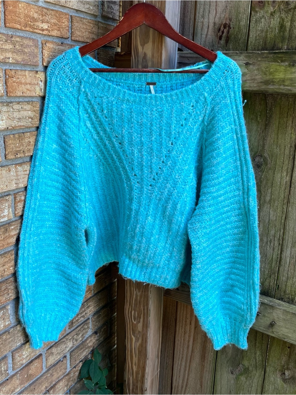 Free People Aqua Blue Chunky Knit Scoop Neck Sweater